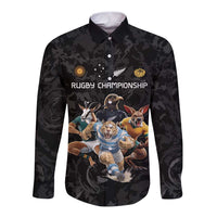 Custom Rugby Southern Hemisphere Long Sleeve Button Shirt Argentina AUNZ South Africa Mascot Black LT9 Unisex Black - Polynesian Pride