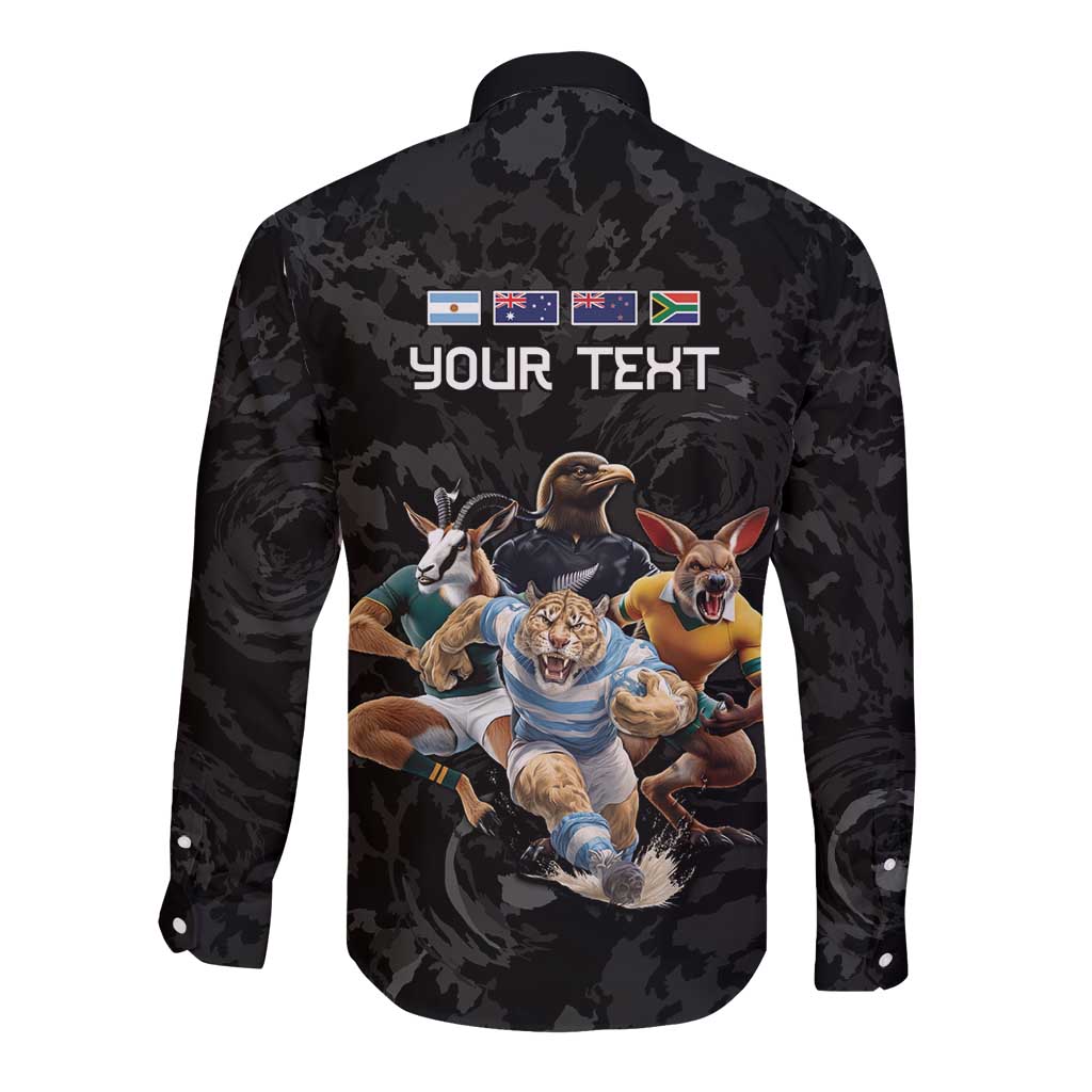 Custom Rugby Southern Hemisphere Long Sleeve Button Shirt Argentina AUNZ South Africa Mascot Black LT9 - Polynesian Pride