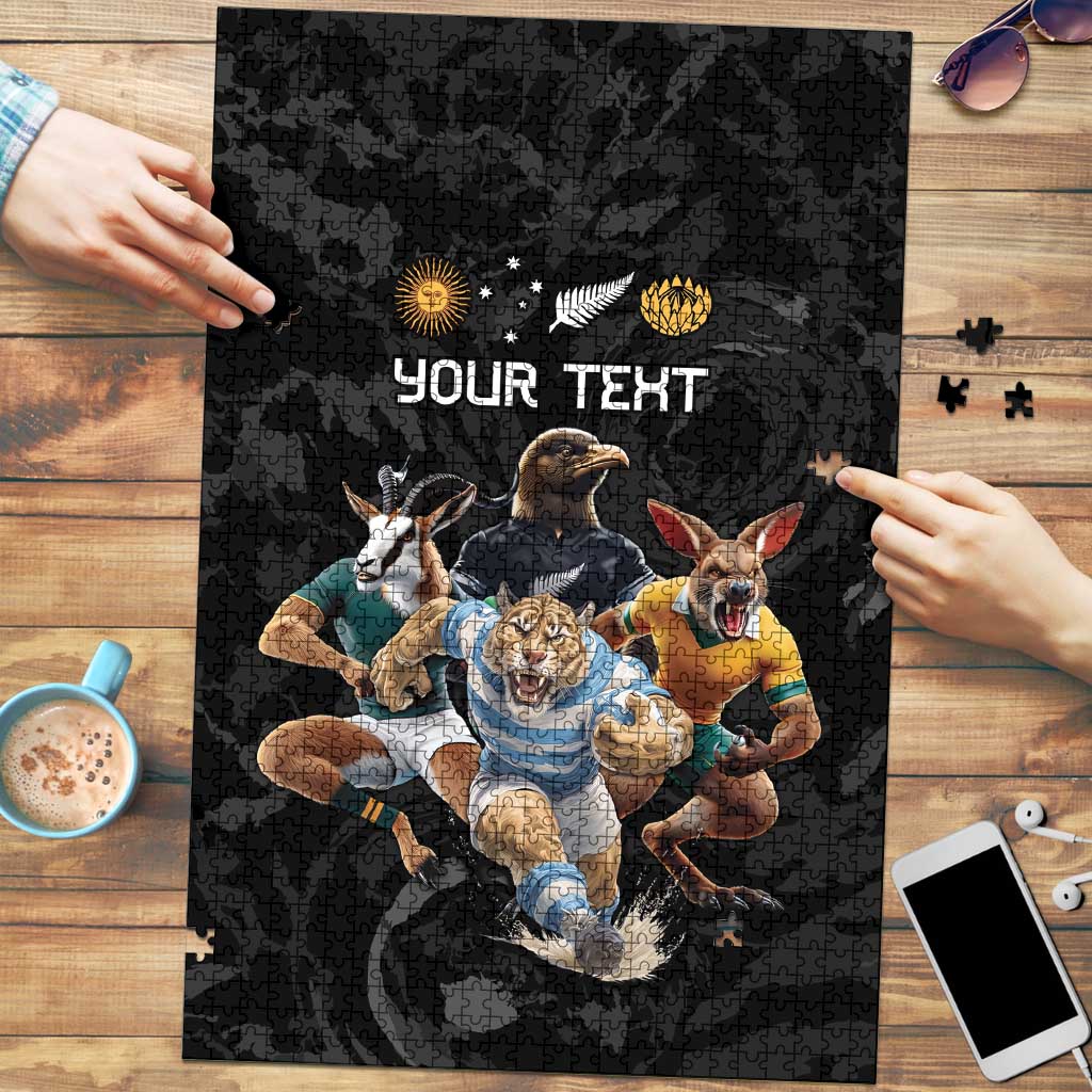Custom Rugby Southern Hemisphere Puzzle Argentina AUNZ South Africa Mascot Black LT9 Black - Polynesian Pride