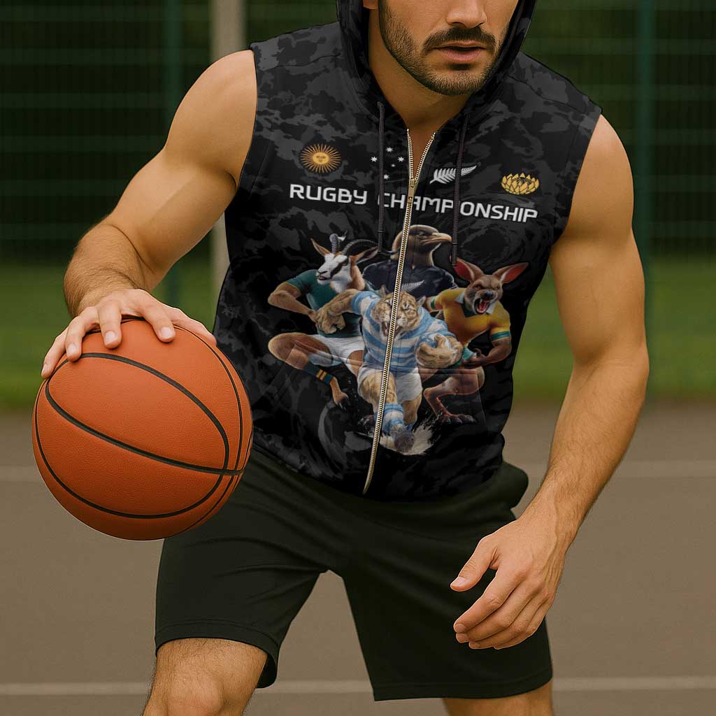Custom Rugby Southern Hemisphere Sleeveless Zip Hoodie Argentina AUNZ South Africa Mascot Black - Polynesian Pride