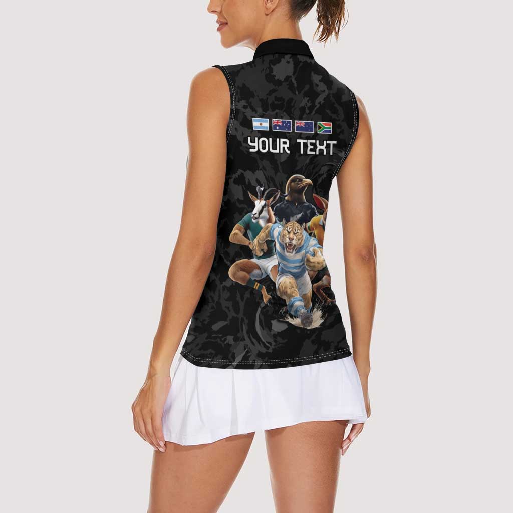 Custom Rugby Southern Hemisphere Women Sleeveless Polo Shirt Argentina AUNZ South Africa Mascot Black - Polynesian Pride