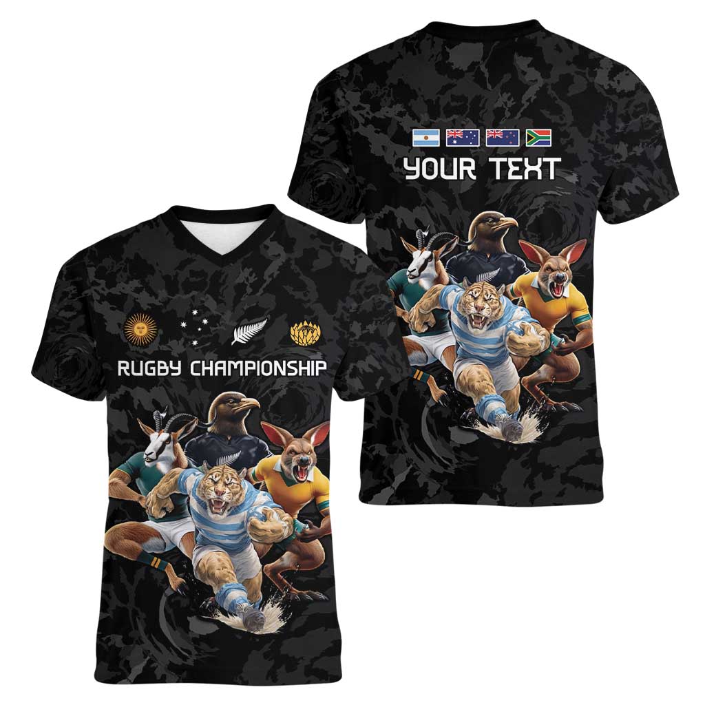 Custom Rugby Southern Hemisphere Women V-Neck T-Shirt Argentina AUNZ South Africa Mascot Black - Polynesian Pride