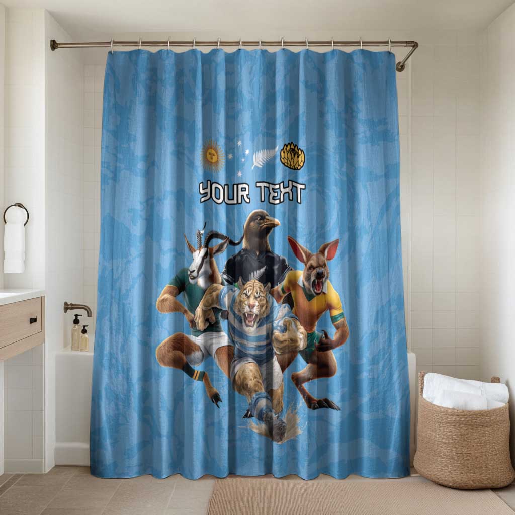 Custom Rugby Southern Hemisphere Bathroom Set Argentina AUNZ South Africa Mascot Blue LT9 Shower Curtain Only Blue - Polynesian Pride
