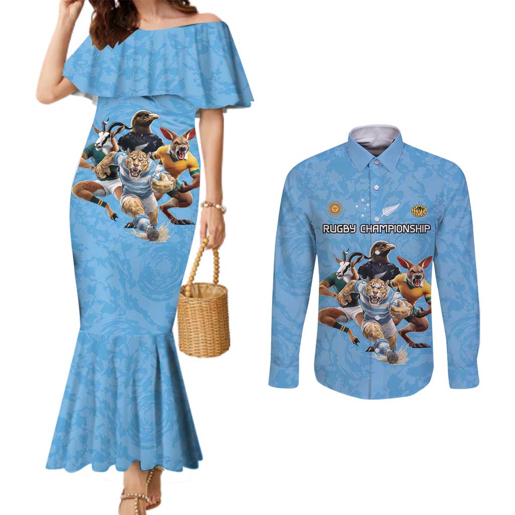 Custom Rugby Southern Hemisphere Couples Matching Mermaid Dress and Long Sleeve Button Shirt Argentina AUNZ South Africa Mascot Blue - Polynesian Pride