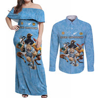 Custom Rugby Southern Hemisphere Couples Matching Off Shoulder Maxi Dress and Long Sleeve Button Shirt Argentina AUNZ South Africa Mascot Blue - Polynesian Pride