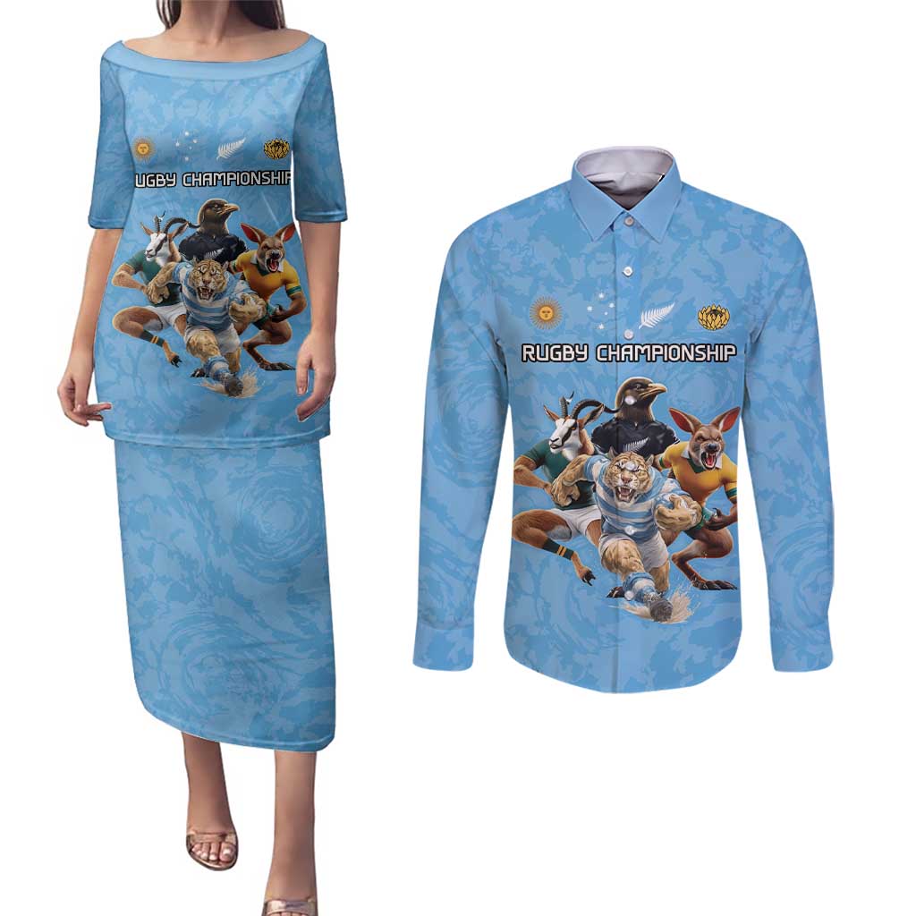 Custom Rugby Southern Hemisphere Couples Matching Puletasi and Long Sleeve Button Shirt Argentina AUNZ South Africa Mascot Blue LT9 Blue - Polynesian Pride