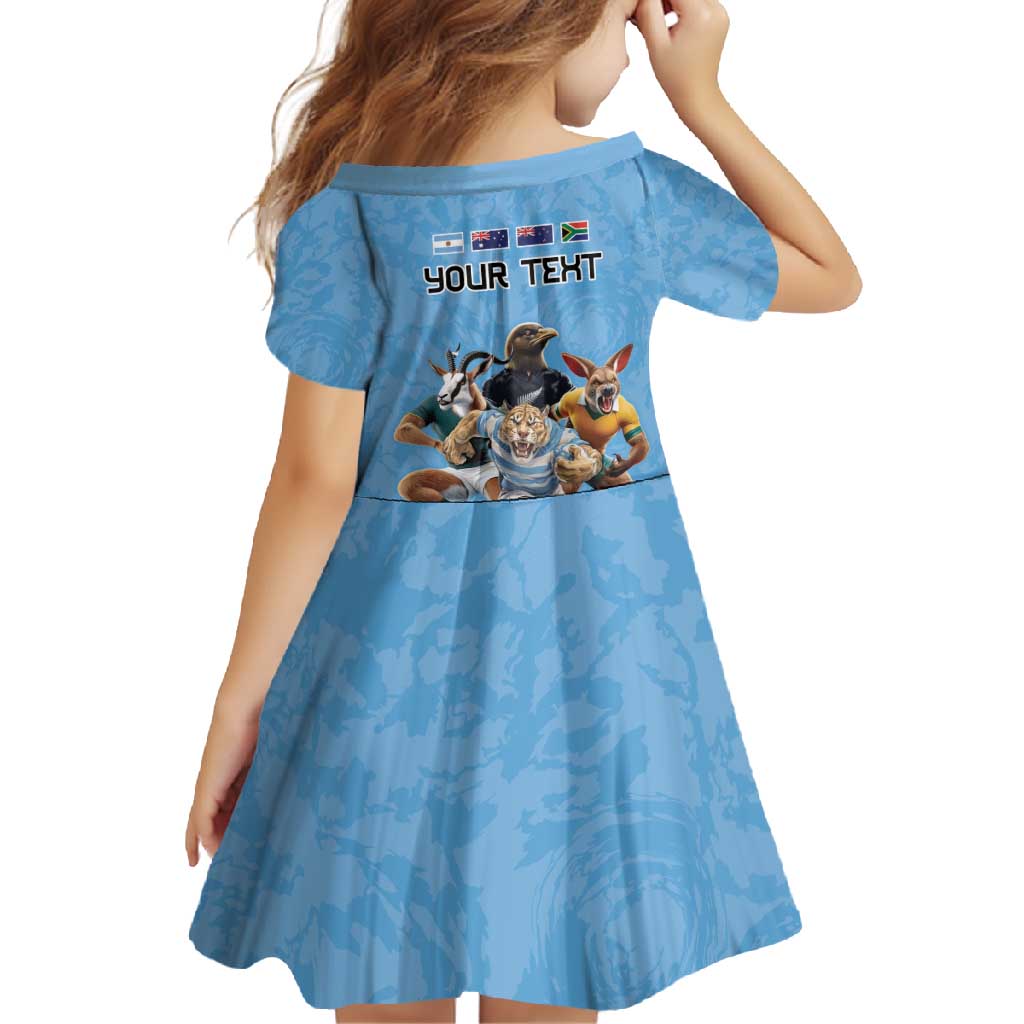 Custom Rugby Southern Hemisphere Family Matching Off Shoulder Maxi Dress and Hawaiian Shirt Argentina AUNZ South Africa Mascot Blue - Polynesian Pride