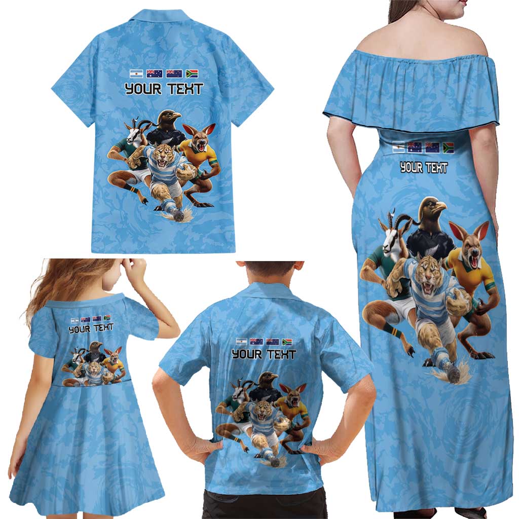 Custom Rugby Southern Hemisphere Family Matching Off Shoulder Maxi Dress and Hawaiian Shirt Argentina AUNZ South Africa Mascot Blue - Polynesian Pride