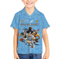 Custom Rugby Southern Hemisphere Family Matching Off Shoulder Short Dress and Hawaiian Shirt Argentina AUNZ South Africa Mascot Blue - Polynesian Pride