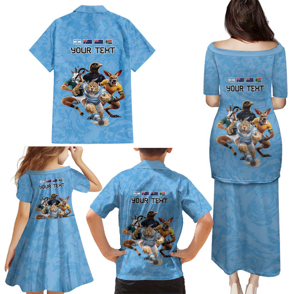 Custom Rugby Southern Hemisphere Family Matching Puletasi and Hawaiian Shirt Argentina AUNZ South Africa Mascot Blue - Polynesian Pride