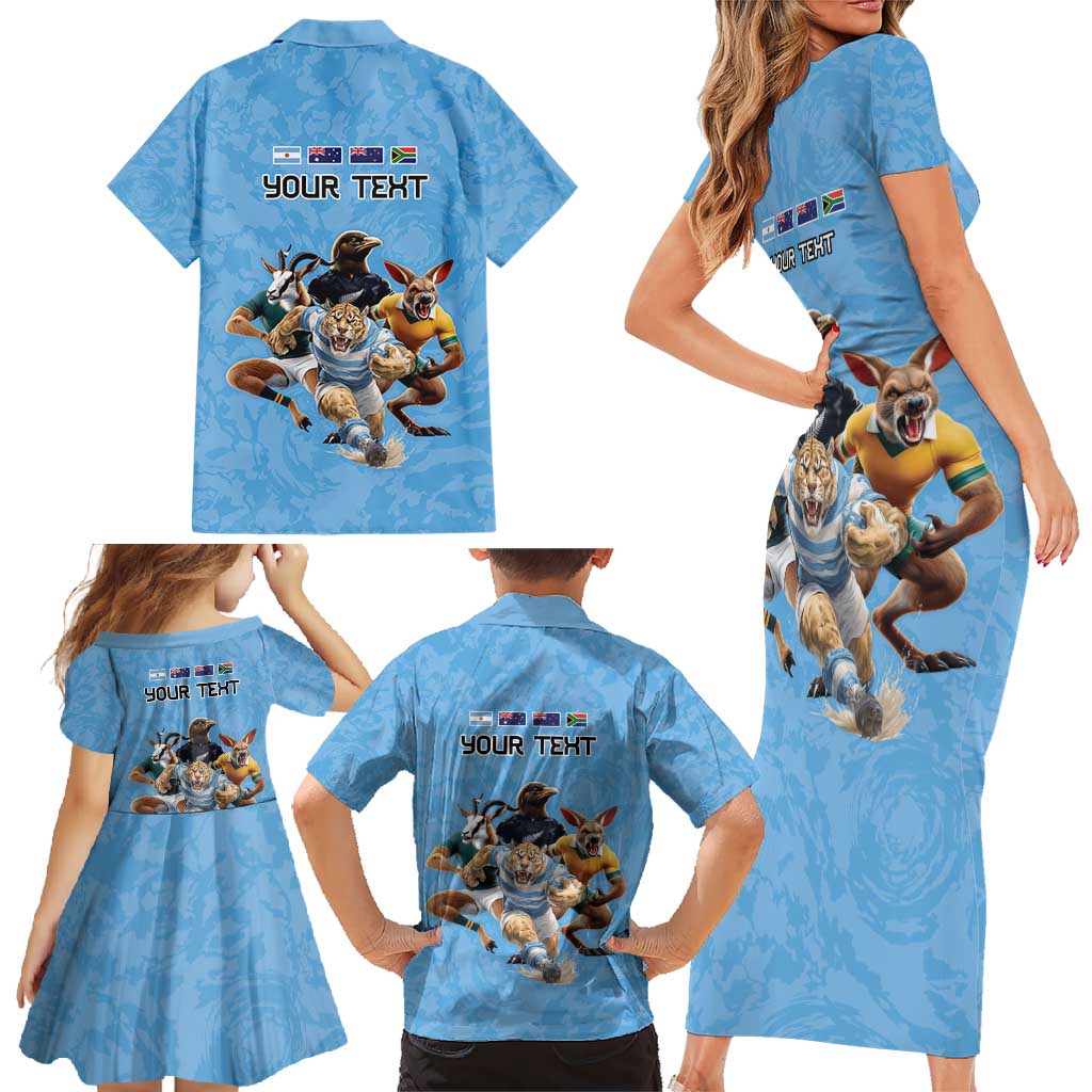 Custom Rugby Southern Hemisphere Family Matching Short Sleeve Bodycon Dress and Hawaiian Shirt Argentina AUNZ South Africa Mascot Blue - Polynesian Pride