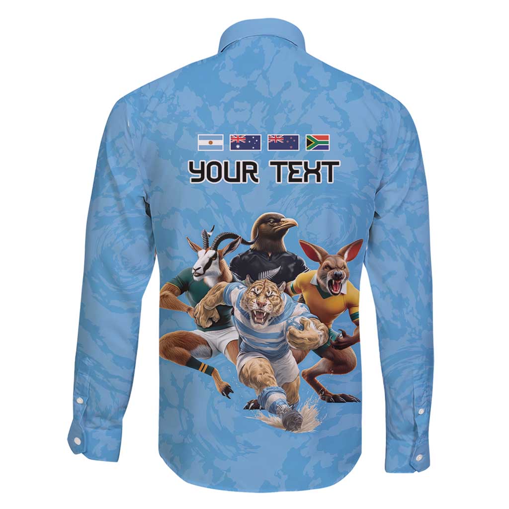 Custom Rugby Southern Hemisphere Family Matching Short Sleeve Bodycon Dress and Hawaiian Shirt Argentina AUNZ South Africa Mascot Blue - Polynesian Pride