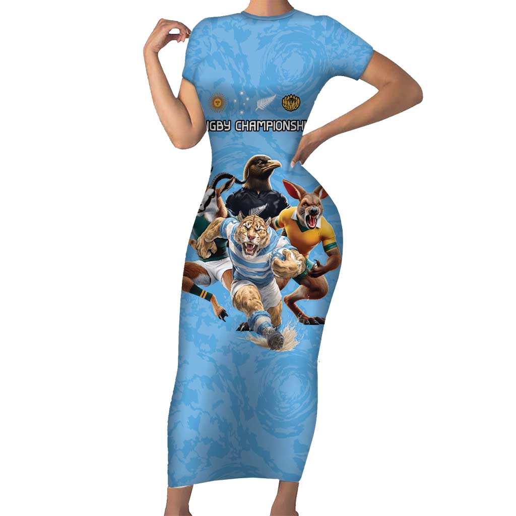 Custom Rugby Southern Hemisphere Family Matching Short Sleeve Bodycon Dress and Hawaiian Shirt Argentina AUNZ South Africa Mascot Blue - Polynesian Pride