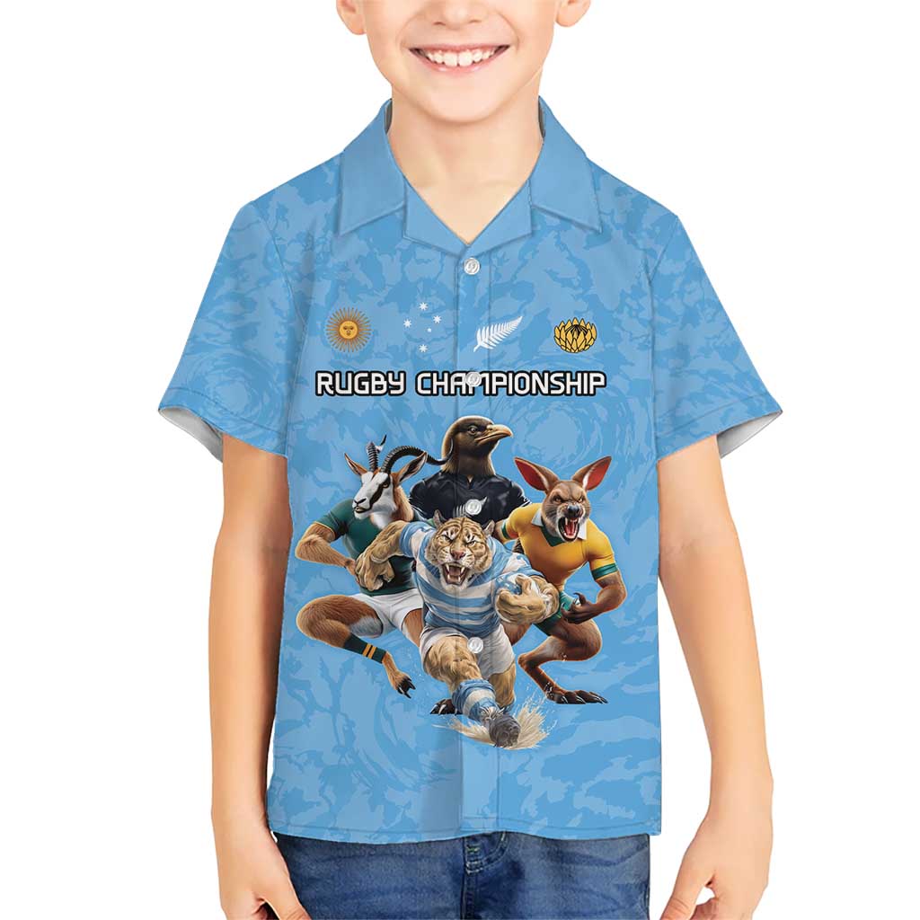 Custom Rugby Southern Hemisphere Kid Hawaiian Shirt Argentina AUNZ South Africa Mascot Blue - Polynesian Pride