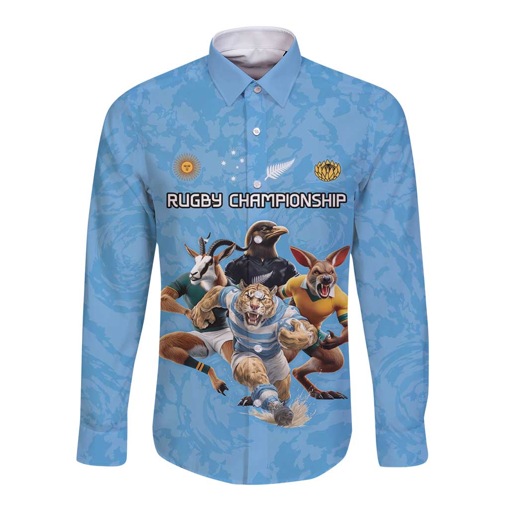 Custom Rugby Southern Hemisphere Long Sleeve Button Shirt Argentina AUNZ South Africa Mascot Blue LT9 Unisex Blue - Polynesian Pride