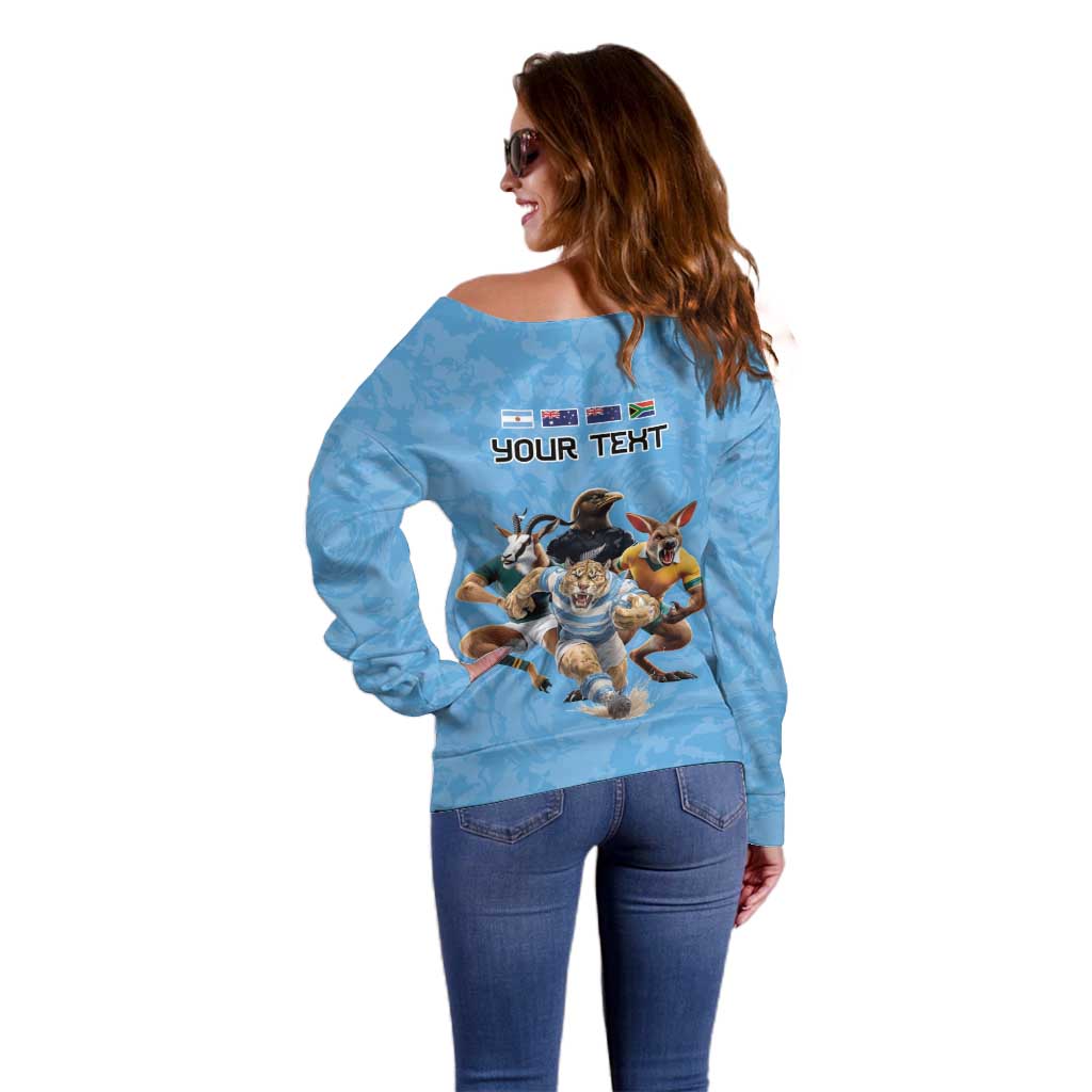 Custom Rugby Southern Hemisphere Off Shoulder Sweater Argentina AUNZ South Africa Mascot Blue - Polynesian Pride