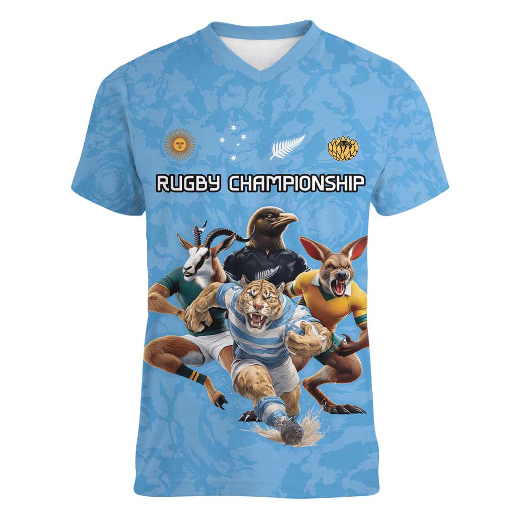 Custom Rugby Southern Hemisphere Women V-Neck T-Shirt Argentina AUNZ South Africa Mascot Blue - Polynesian Pride