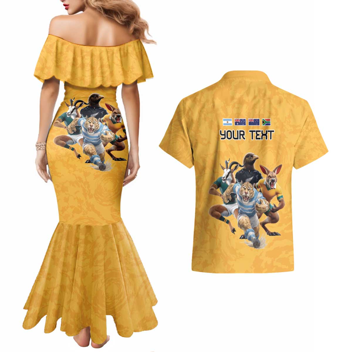 Custom Rugby Southern Hemisphere Couples Matching Mermaid Dress and Hawaiian Shirt Argentina AUNZ South Africa Mascot Gold - Polynesian Pride