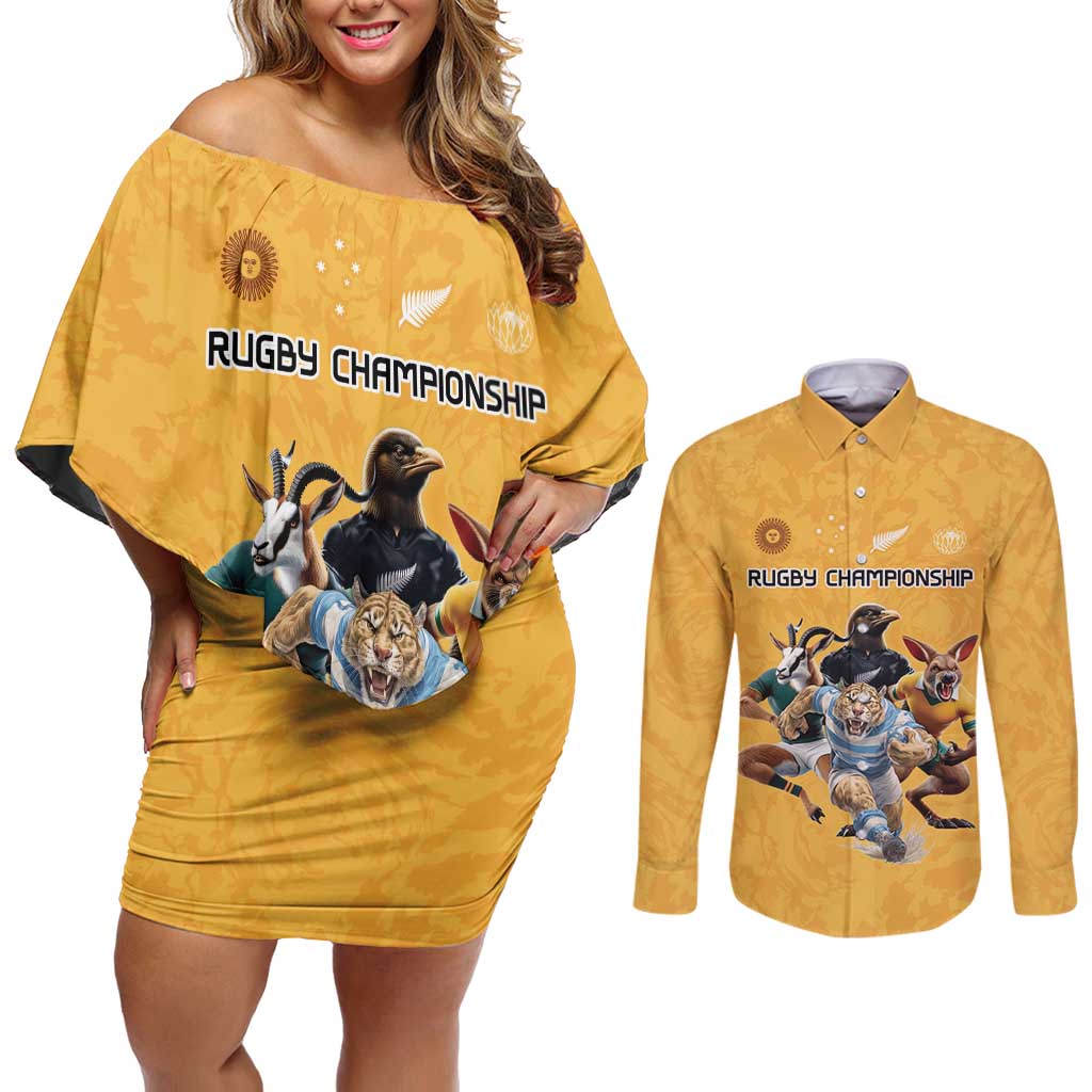 Custom Rugby Southern Hemisphere Couples Matching Off Shoulder Short Dress and Long Sleeve Button Shirt Argentina AUNZ South Africa Mascot Gold - Polynesian Pride