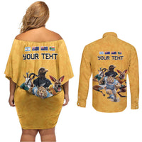 Custom Rugby Southern Hemisphere Couples Matching Off Shoulder Short Dress and Long Sleeve Button Shirt Argentina AUNZ South Africa Mascot Gold - Polynesian Pride