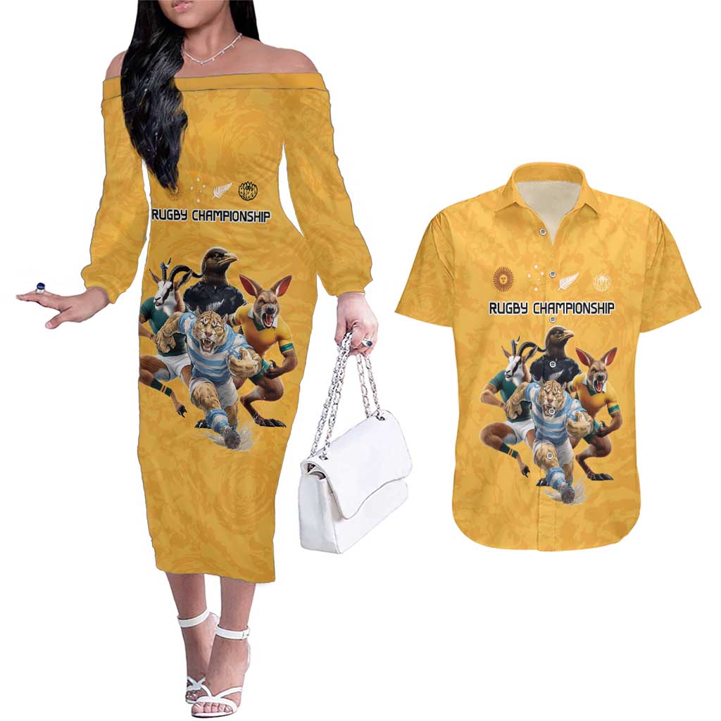 Custom Rugby Southern Hemisphere Couples Matching Off The Shoulder Long Sleeve Dress and Hawaiian Shirt Argentina AUNZ South Africa Mascot Gold LT9 Gold - Polynesian Pride