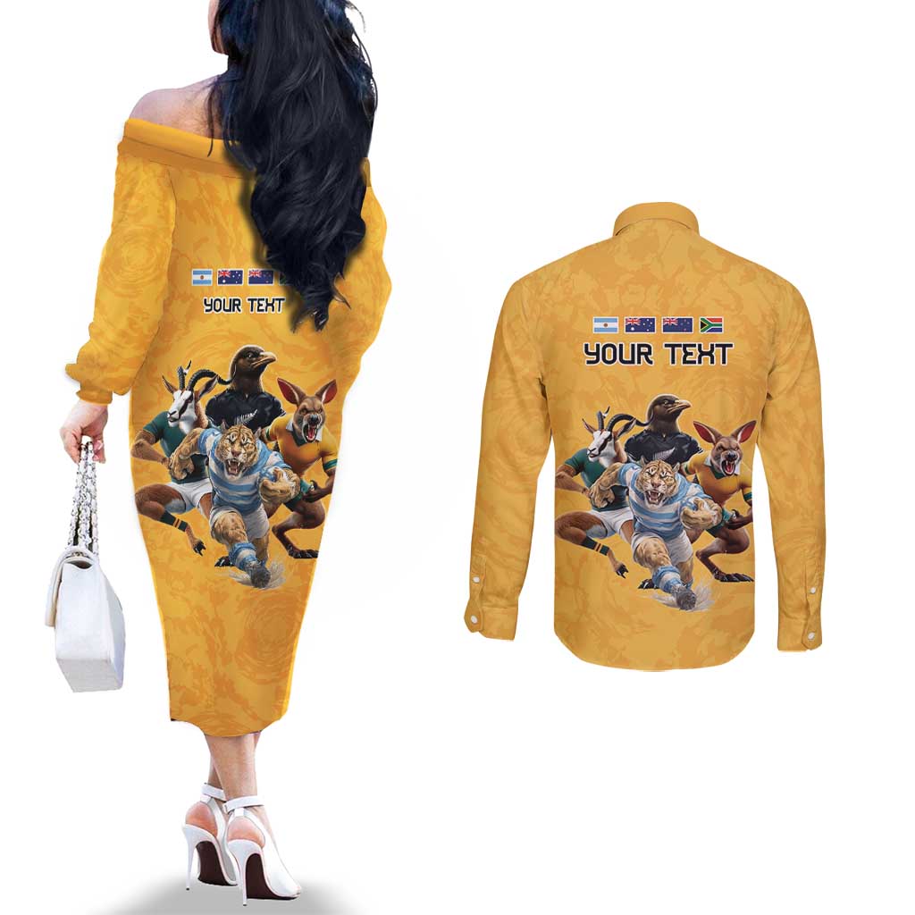 Custom Rugby Southern Hemisphere Couples Matching Off The Shoulder Long Sleeve Dress and Long Sleeve Button Shirt Argentina AUNZ South Africa Mascot Gold - Polynesian Pride