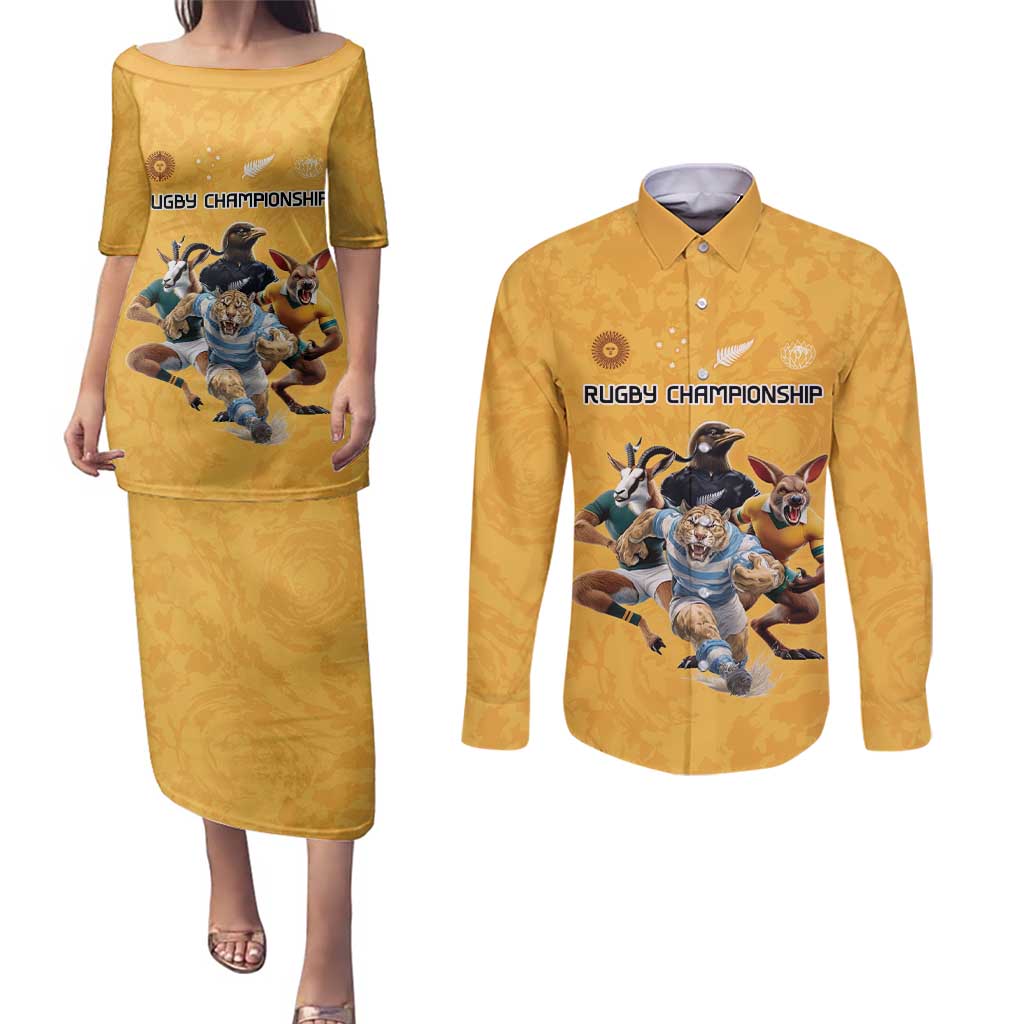 Custom Rugby Southern Hemisphere Couples Matching Puletasi and Long Sleeve Button Shirt Argentina AUNZ South Africa Mascot Gold LT9 Gold - Polynesian Pride