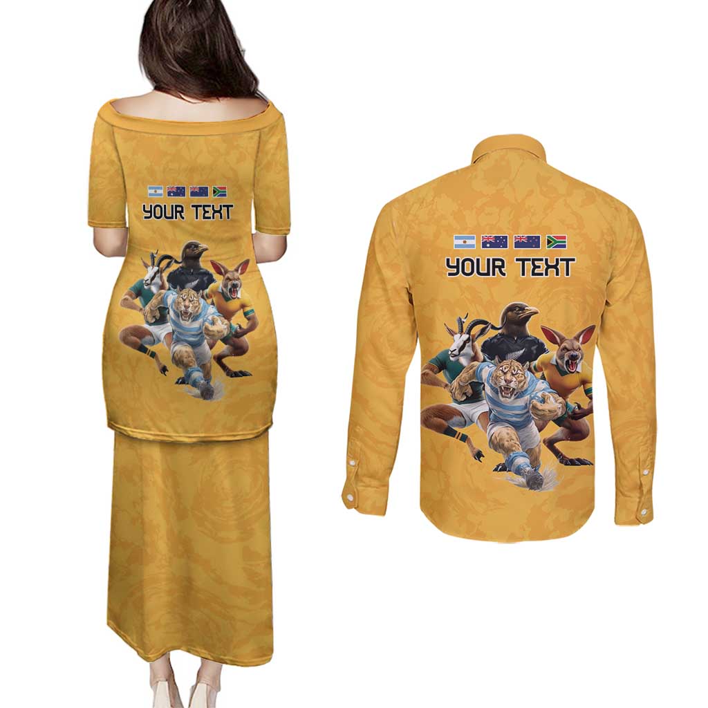 Custom Rugby Southern Hemisphere Couples Matching Puletasi and Long Sleeve Button Shirt Argentina AUNZ South Africa Mascot Gold - Polynesian Pride