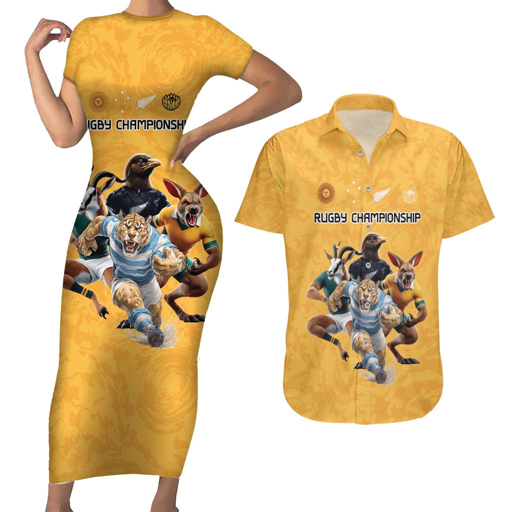 Custom Rugby Southern Hemisphere Couples Matching Short Sleeve Bodycon Dress and Hawaiian Shirt Argentina AUNZ South Africa Mascot Gold LT9 Gold - Polynesian Pride