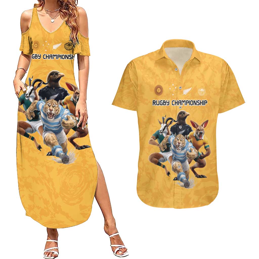 Custom Rugby Southern Hemisphere Couples Matching Summer Maxi Dress and Hawaiian Shirt Argentina AUNZ South Africa Mascot Gold LT9 Gold - Polynesian Pride