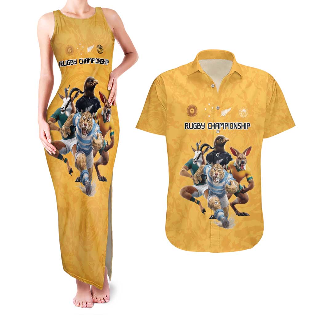 Custom Rugby Southern Hemisphere Couples Matching Tank Maxi Dress and Hawaiian Shirt Argentina AUNZ South Africa Mascot Gold LT9 Gold - Polynesian Pride