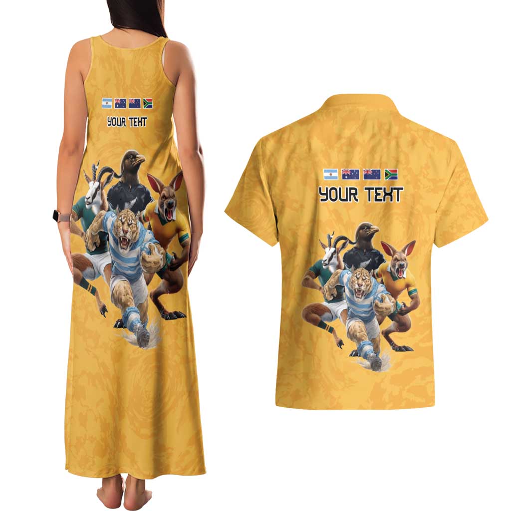 Custom Rugby Southern Hemisphere Couples Matching Tank Maxi Dress and Hawaiian Shirt Argentina AUNZ South Africa Mascot Gold - Polynesian Pride