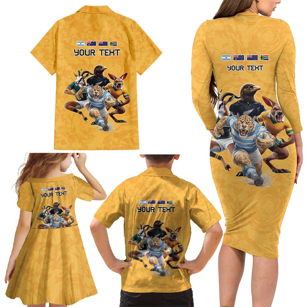 Custom Rugby Southern Hemisphere Family Matching Long Sleeve Bodycon Dress and Hawaiian Shirt Argentina AUNZ South Africa Mascot Gold - Polynesian Pride