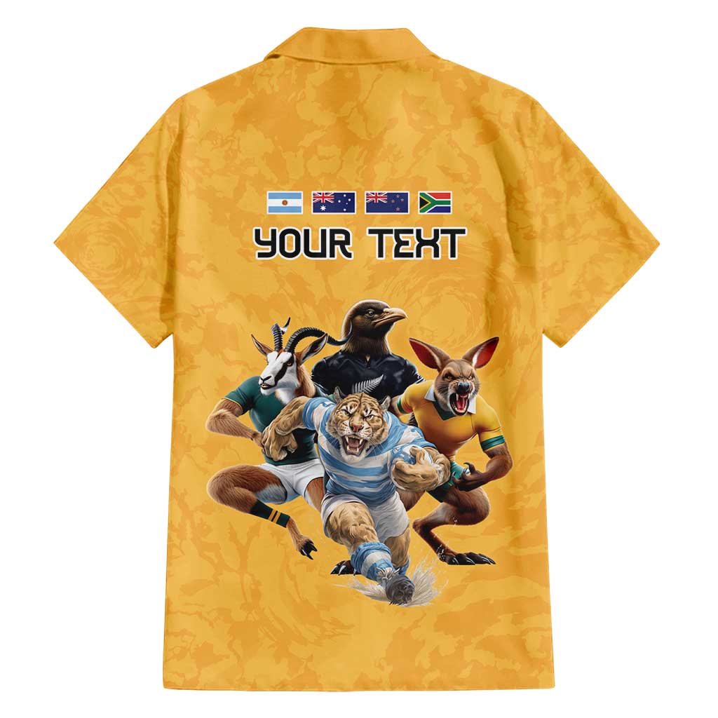 Custom Rugby Southern Hemisphere Family Matching Long Sleeve Bodycon Dress and Hawaiian Shirt Argentina AUNZ South Africa Mascot Gold - Polynesian Pride