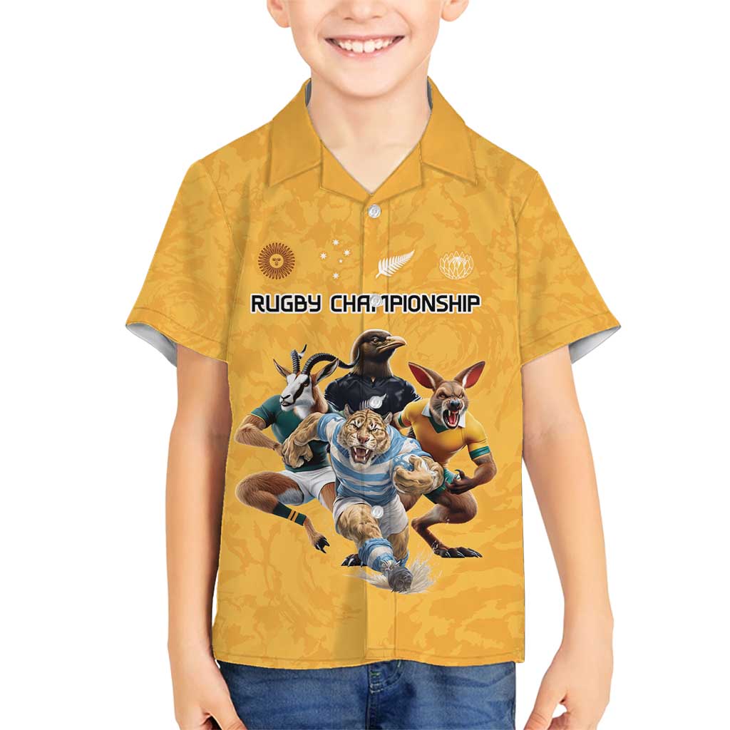 Custom Rugby Southern Hemisphere Family Matching Long Sleeve Bodycon Dress and Hawaiian Shirt Argentina AUNZ South Africa Mascot Gold - Polynesian Pride