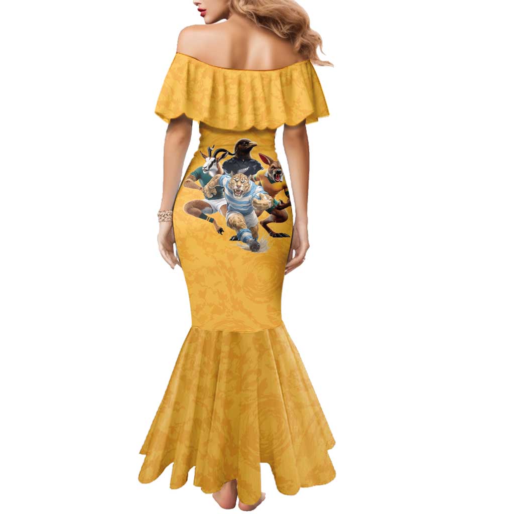 Custom Rugby Southern Hemisphere Family Matching Mermaid Dress and Hawaiian Shirt Argentina AUNZ South Africa Mascot Gold - Polynesian Pride