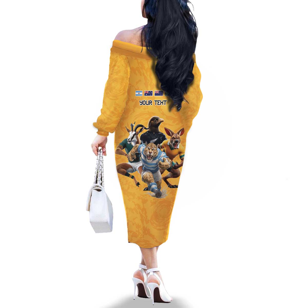 Custom Rugby Southern Hemisphere Family Matching Off The Shoulder Long Sleeve Dress and Hawaiian Shirt Argentina AUNZ South Africa Mascot Gold - Polynesian Pride