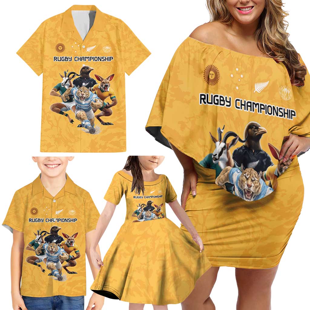 Custom Rugby Southern Hemisphere Family Matching Off Shoulder Short Dress and Hawaiian Shirt Argentina AUNZ South Africa Mascot Gold - Polynesian Pride