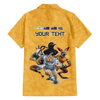 Custom Rugby Southern Hemisphere Family Matching Off Shoulder Short Dress and Hawaiian Shirt Argentina AUNZ South Africa Mascot Gold - Polynesian Pride