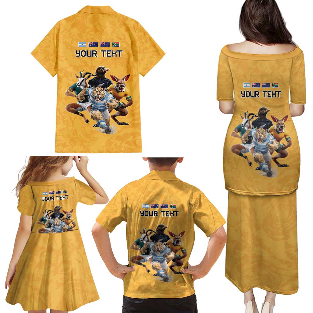Custom Rugby Southern Hemisphere Family Matching Puletasi and Hawaiian Shirt Argentina AUNZ South Africa Mascot Gold - Polynesian Pride