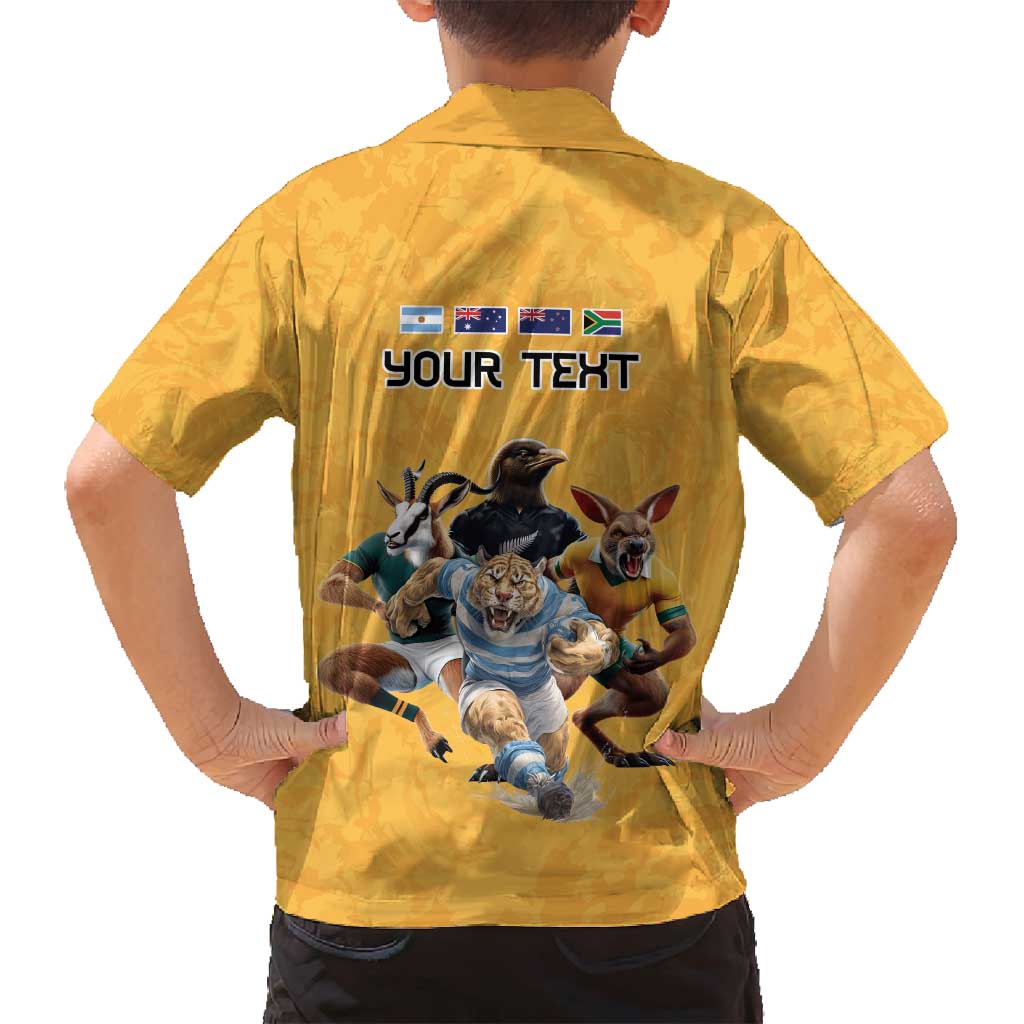Custom Rugby Southern Hemisphere Family Matching Summer Maxi Dress and Hawaiian Shirt Argentina AUNZ South Africa Mascot Gold - Polynesian Pride