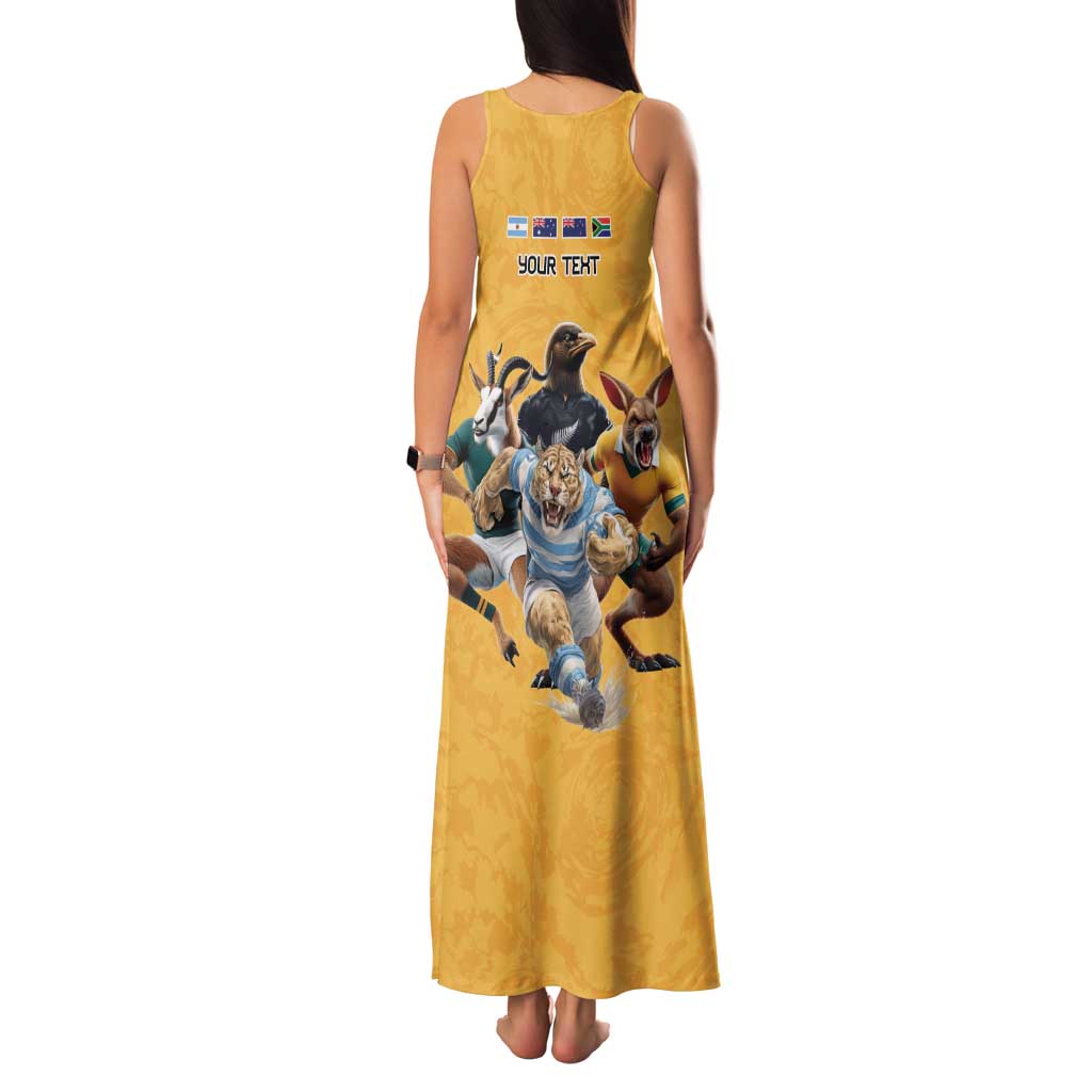 Custom Rugby Southern Hemisphere Family Matching Tank Maxi Dress and Hawaiian Shirt Argentina AUNZ South Africa Mascot Gold - Polynesian Pride