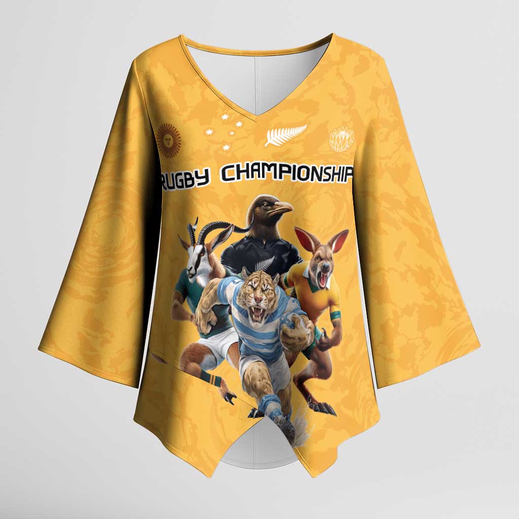Custom Rugby Southern Hemisphere Kimono Sleeve Blouse Argentina AUNZ South Africa Mascot Gold LT9 Female Gold - Polynesian Pride