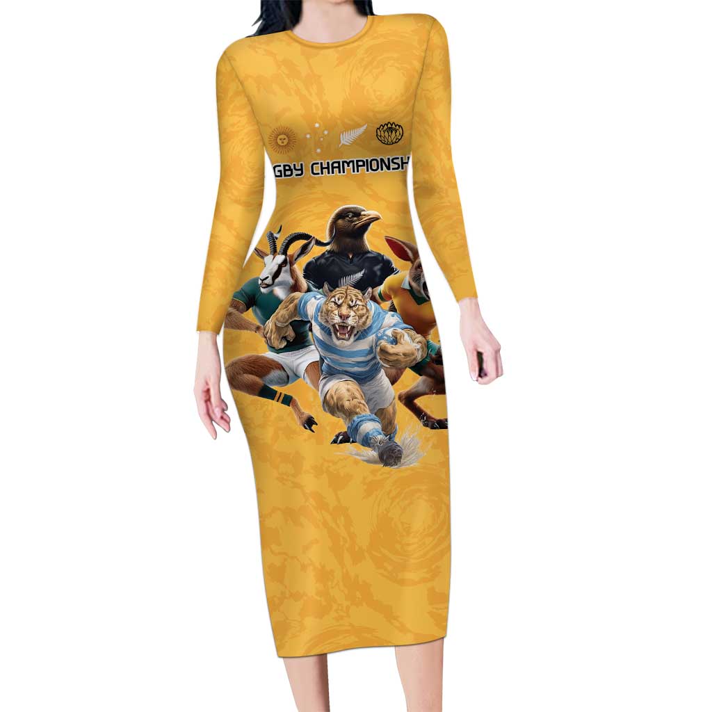 Custom Rugby Southern Hemisphere Long Sleeve Bodycon Dress Argentina AUNZ South Africa Mascot Gold - Polynesian Pride