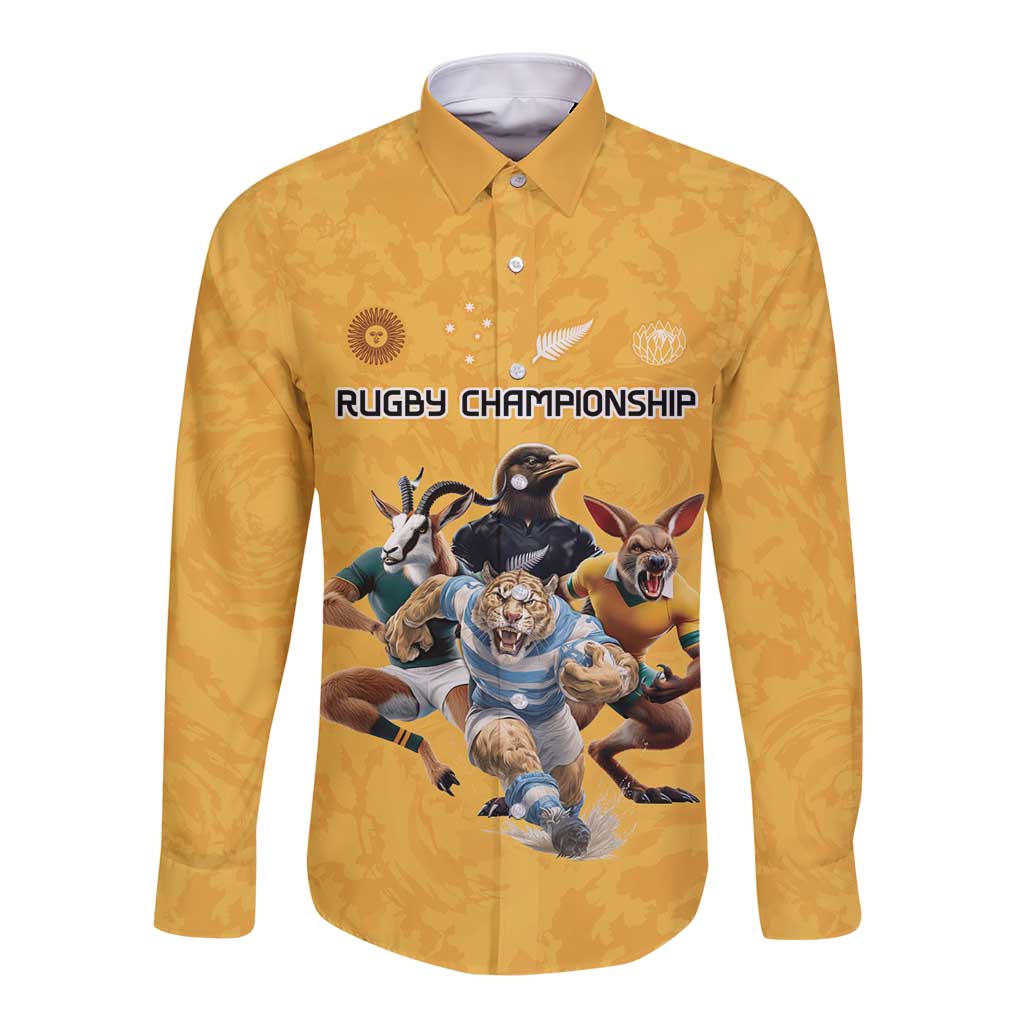 Custom Rugby Southern Hemisphere Long Sleeve Button Shirt Argentina AUNZ South Africa Mascot Gold LT9 Unisex Gold - Polynesian Pride
