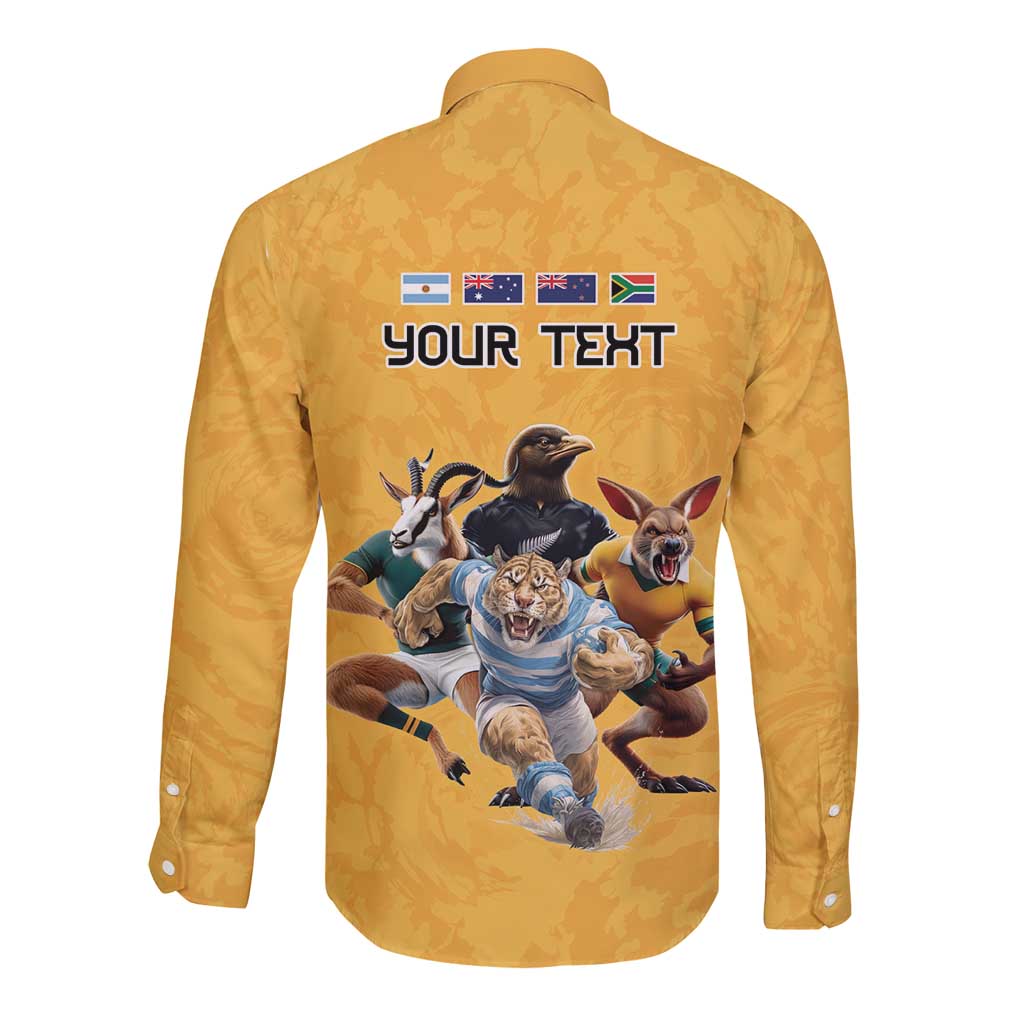 Custom Rugby Southern Hemisphere Long Sleeve Button Shirt Argentina AUNZ South Africa Mascot Gold LT9 - Polynesian Pride