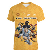 Custom Rugby Southern Hemisphere Women V-Neck T-Shirt Argentina AUNZ South Africa Mascot Gold - Polynesian Pride