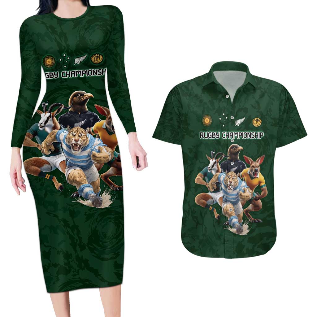 Custom Rugby Southern Hemisphere Couples Matching Long Sleeve Bodycon Dress and Hawaiian Shirt Argentina AUNZ South Africa Mascot Green LT9 Green - Polynesian Pride