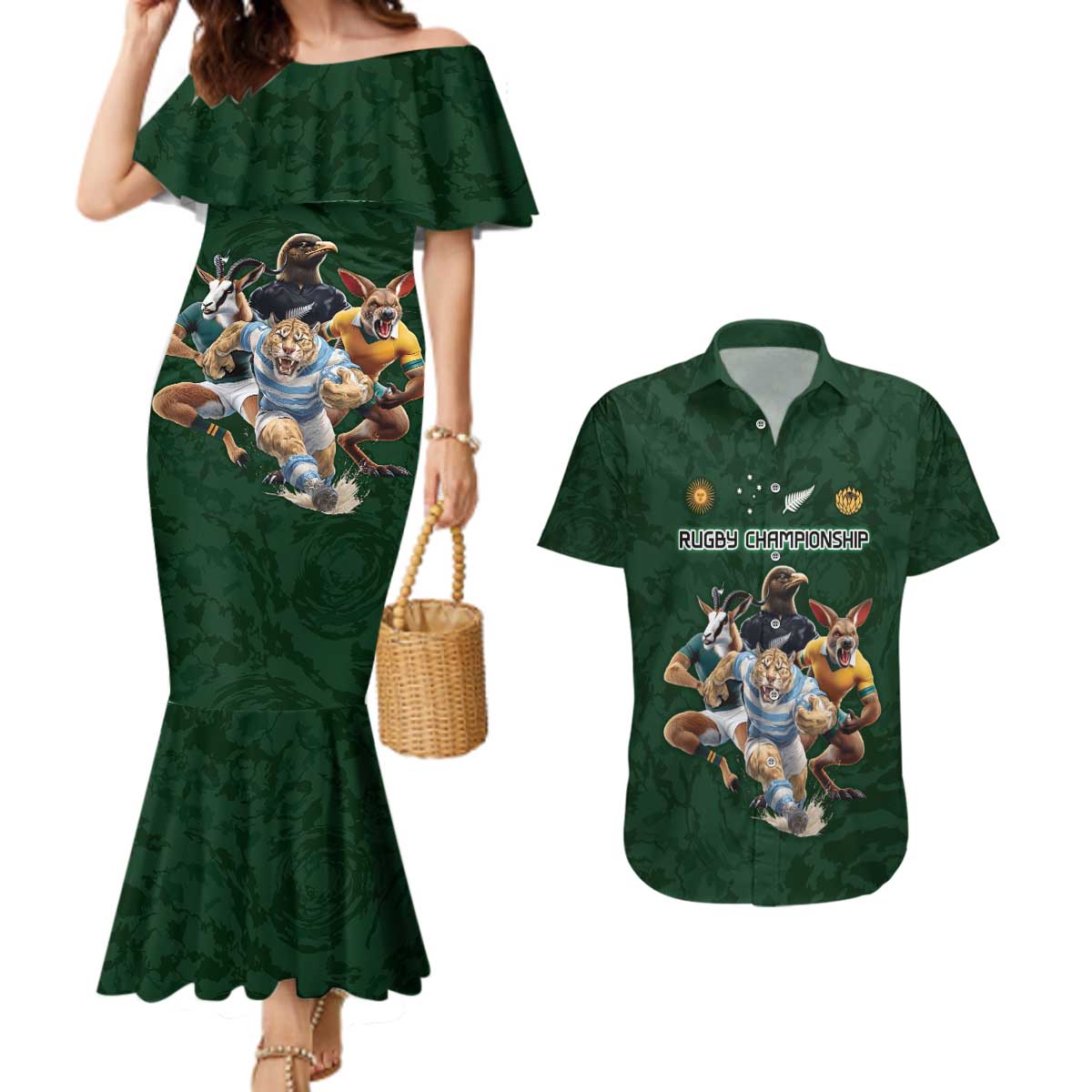 Custom Rugby Southern Hemisphere Couples Matching Mermaid Dress and Hawaiian Shirt Argentina AUNZ South Africa Mascot Green LT9 Green - Polynesian Pride