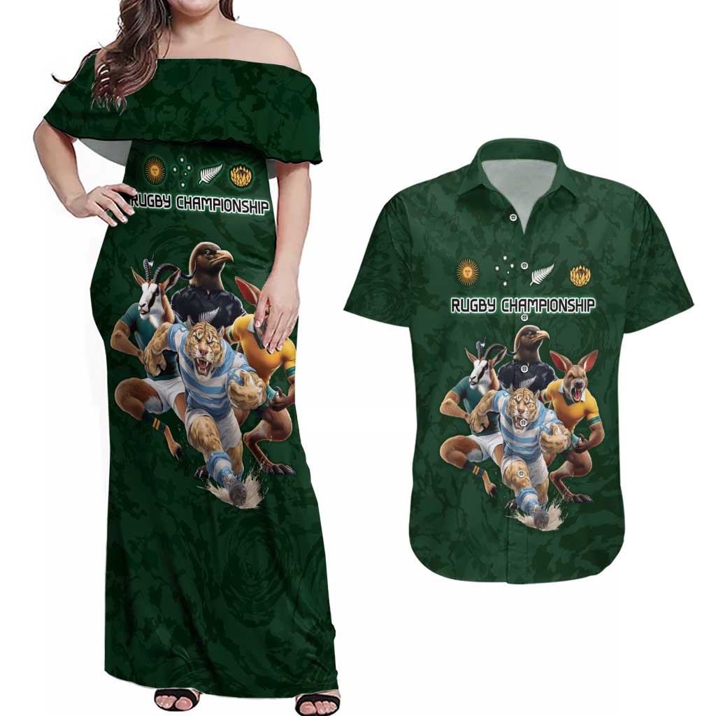 Custom Rugby Southern Hemisphere Couples Matching Off Shoulder Maxi Dress and Hawaiian Shirt Argentina AUNZ South Africa Mascot Green - Polynesian Pride